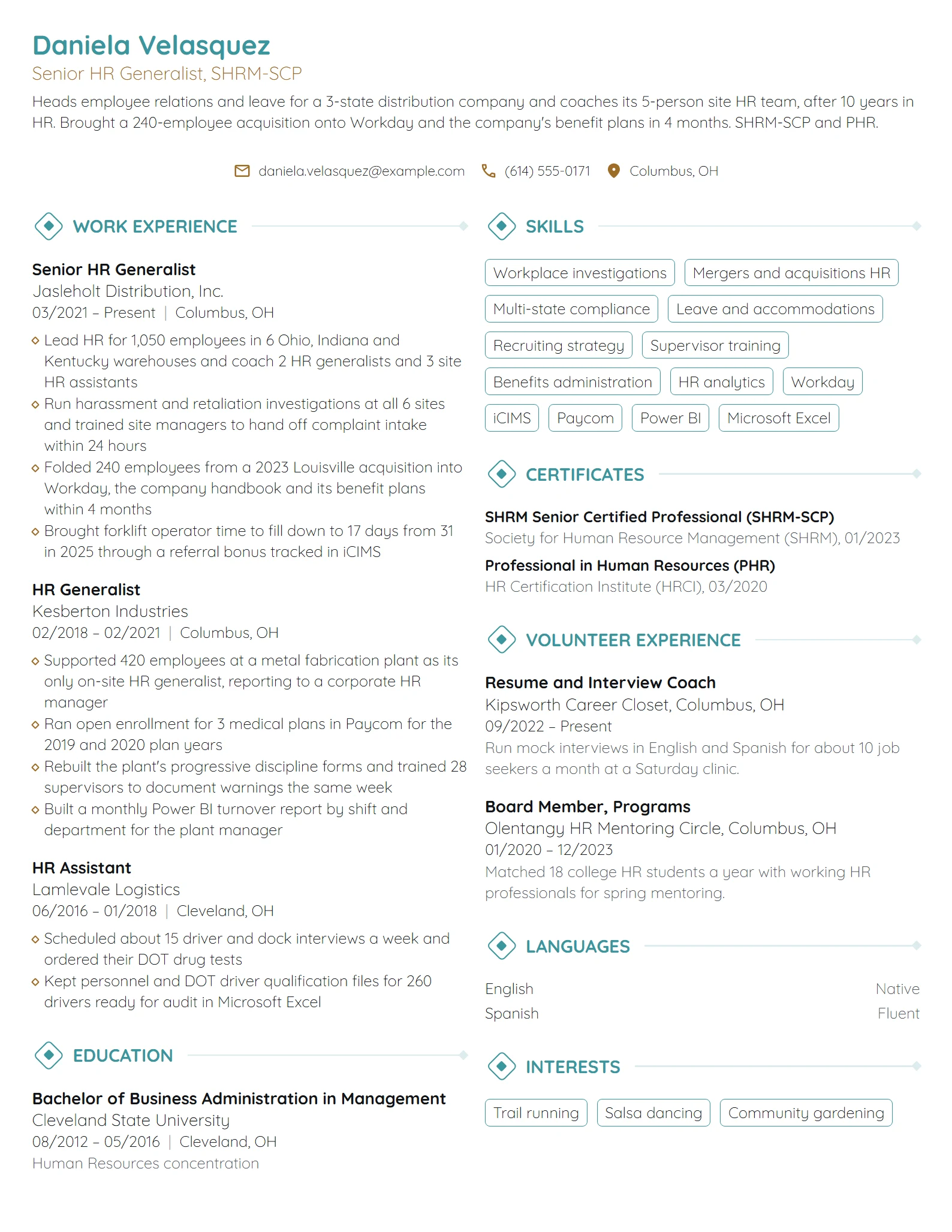 Cv Hr Professional Example 16 HR Generalist Resume Examples & Guide for 2026