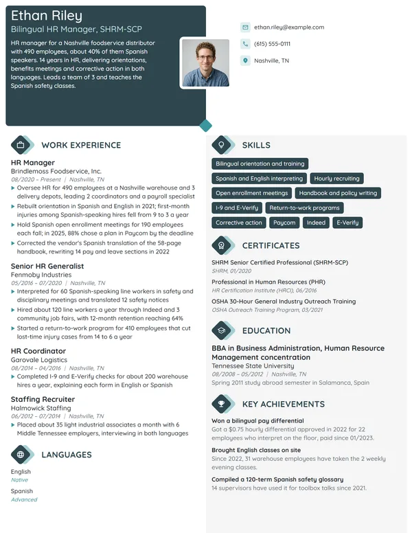 Bilingual HR Manager resume example