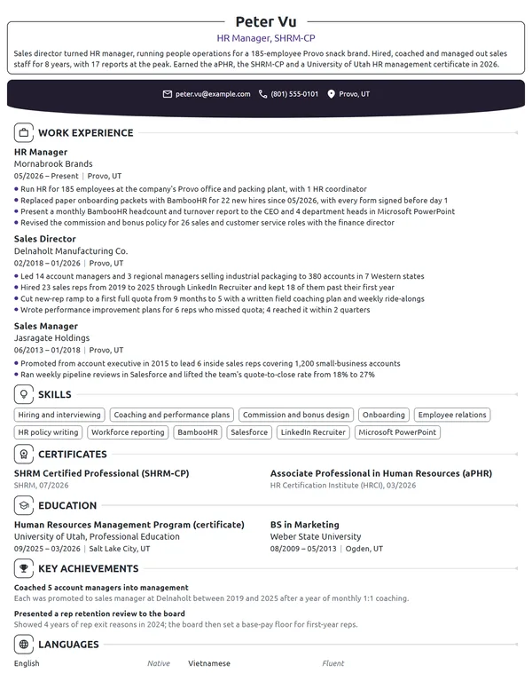 Career Change HR Manager resume example