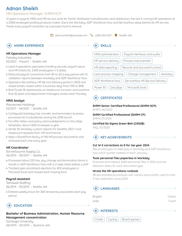 HR Operations Manager resume example