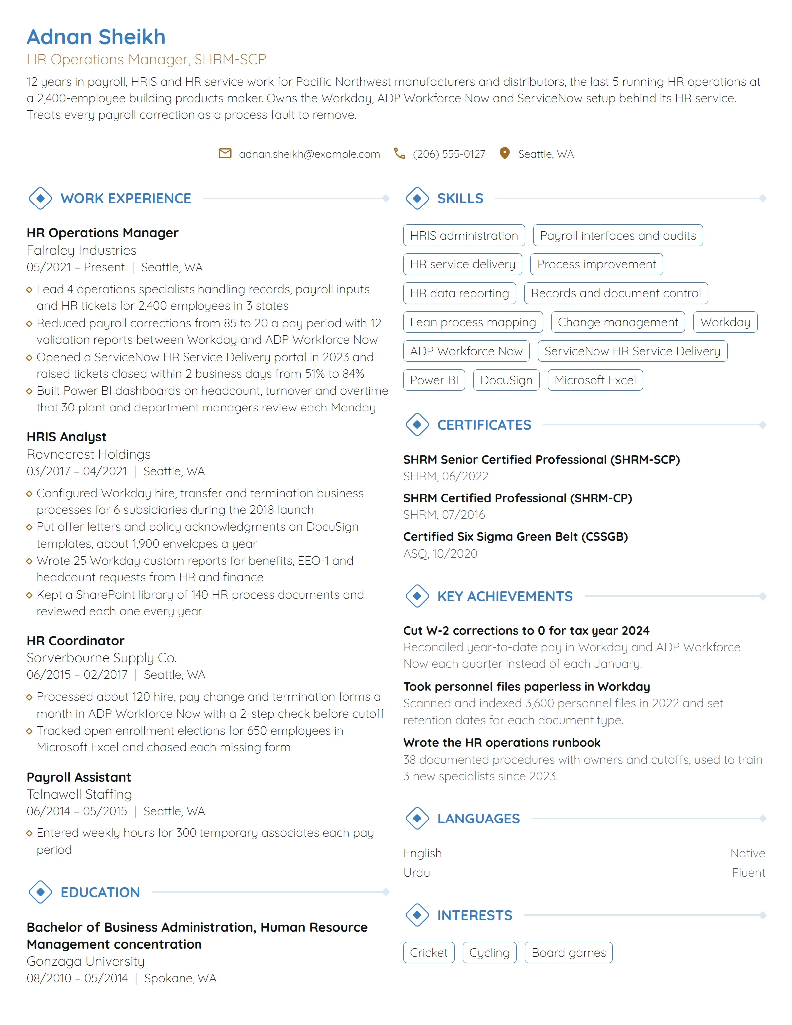 HR Operations Manager resume example