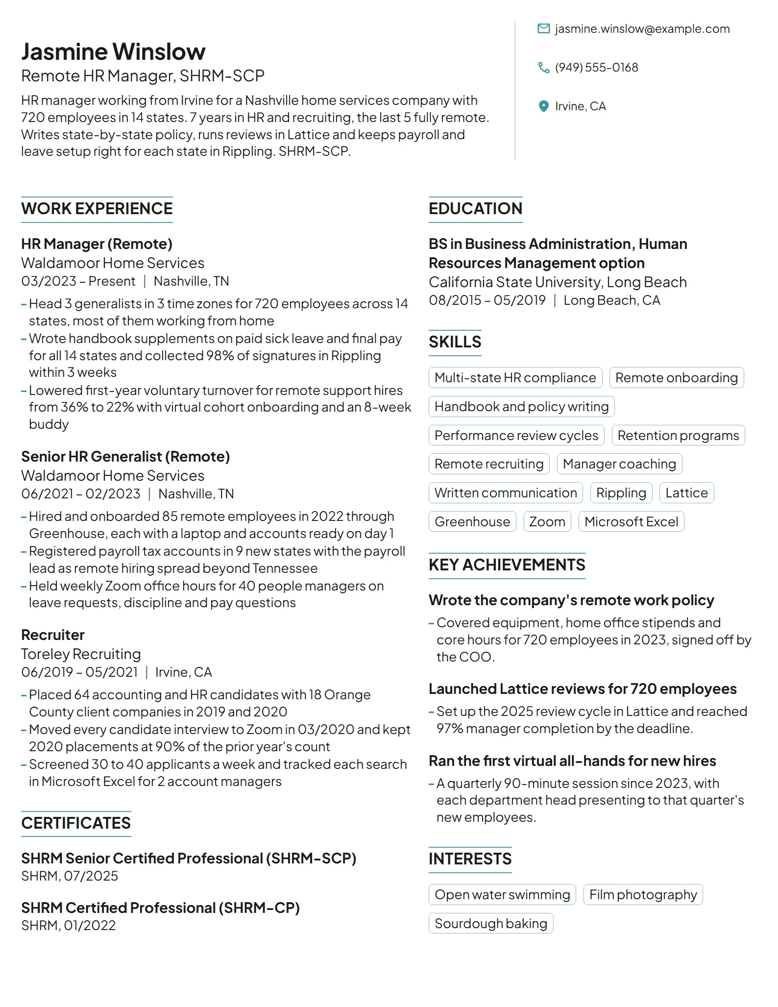 Remote HR Manager resume example