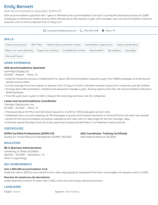 ADA Accommodations Specialist resume example
