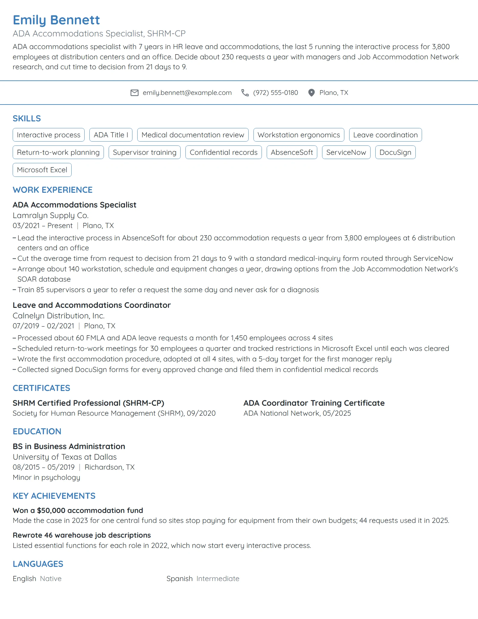 ADA Accommodations Specialist resume example
