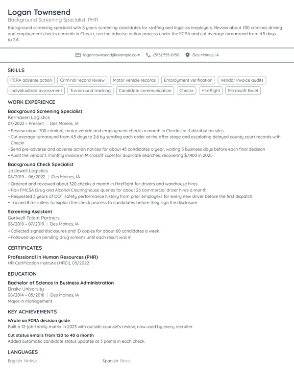 Background Screening Specialist resume example