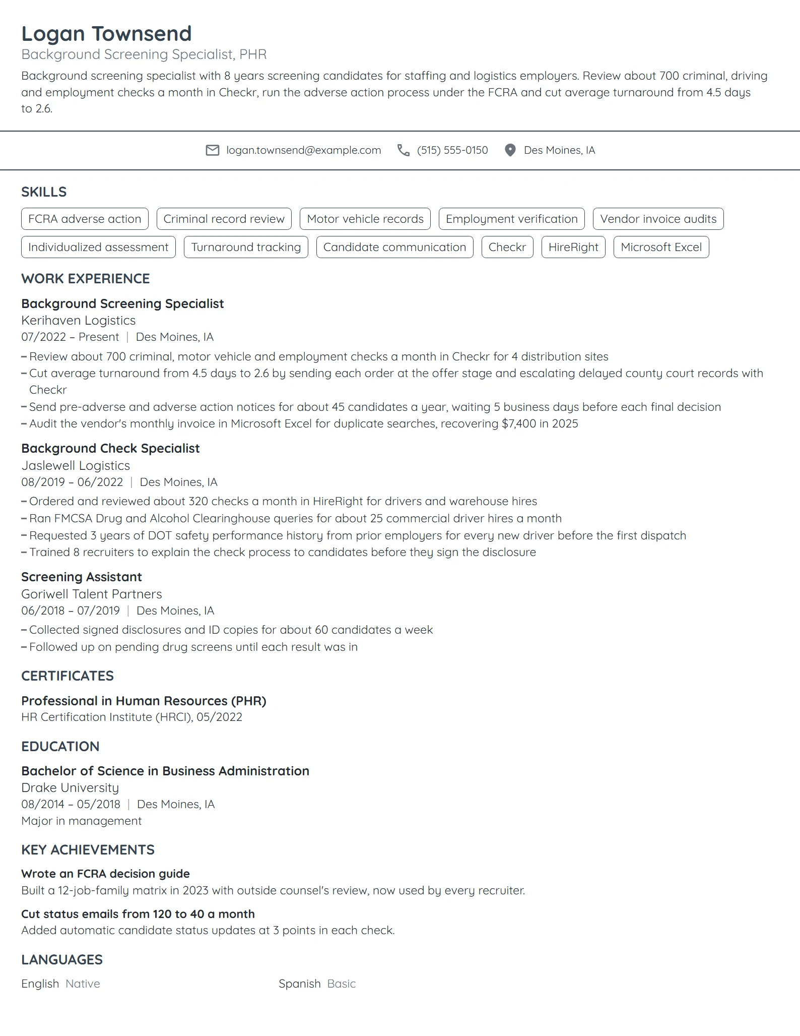 Background Screening Specialist resume example