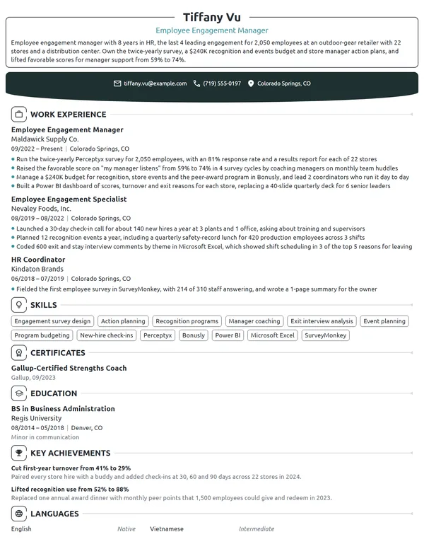 Employee Engagement Manager resume example