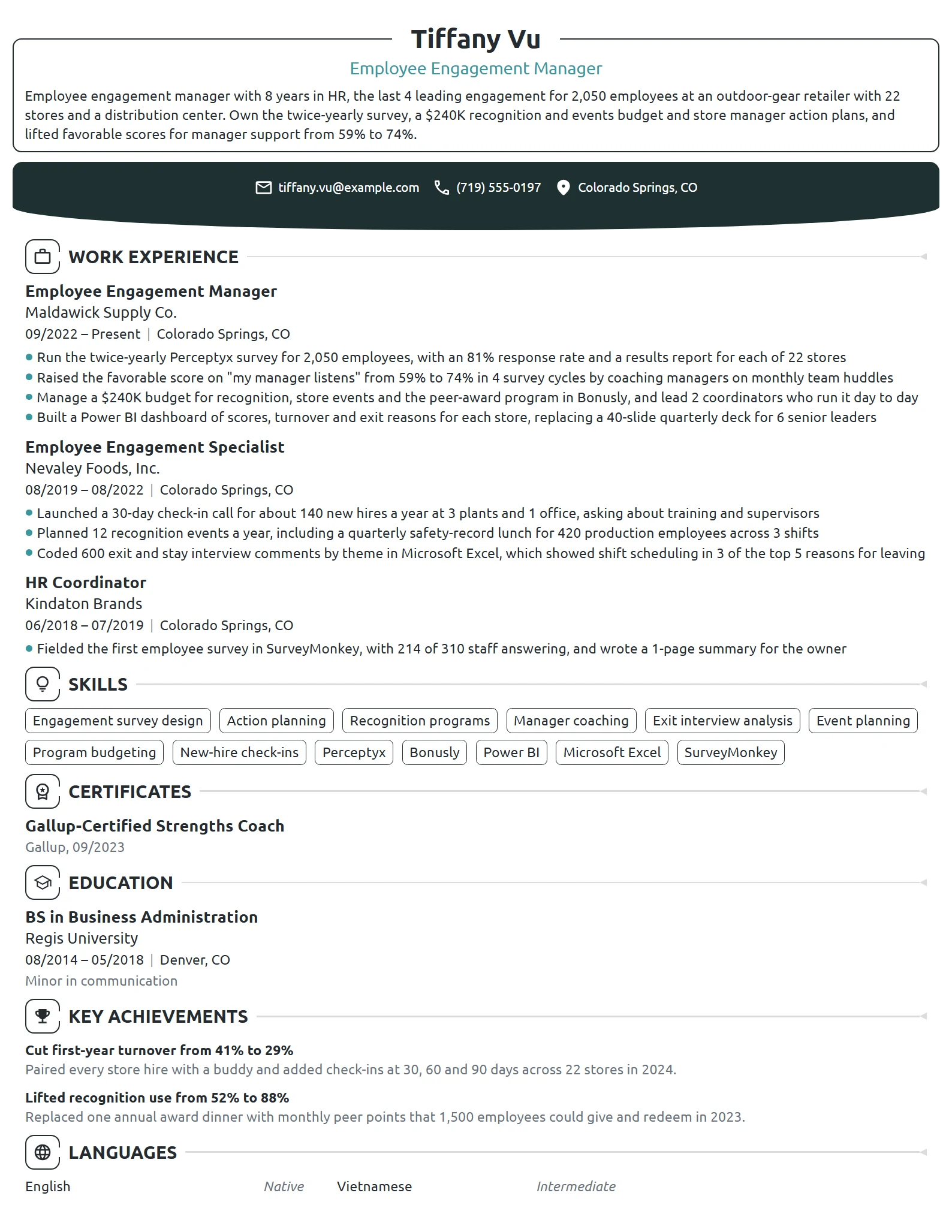Employee Engagement Manager resume example