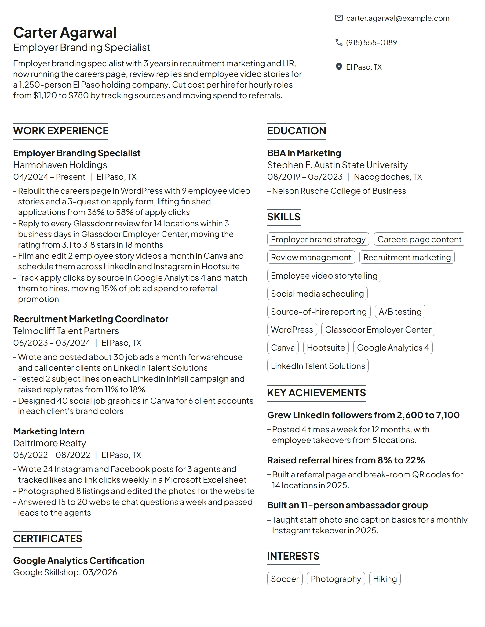 Employer Branding Specialist resume example