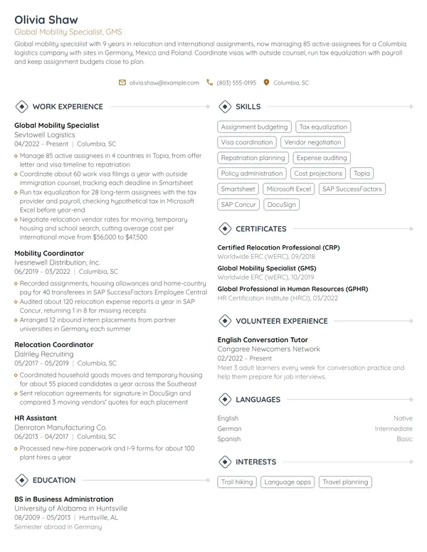 Global Mobility Specialist resume example
