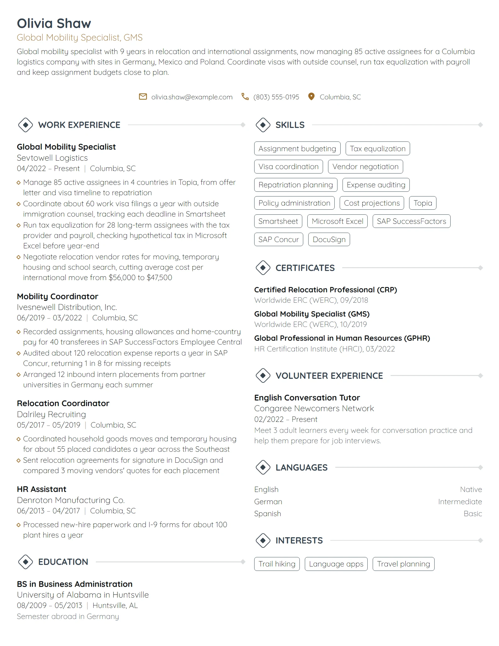 Global Mobility Specialist resume example