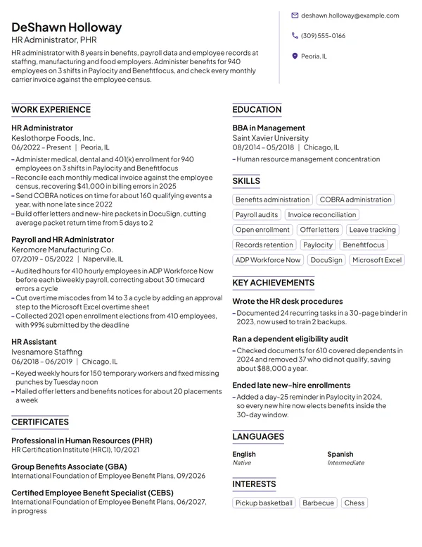 HR Administrator resume example