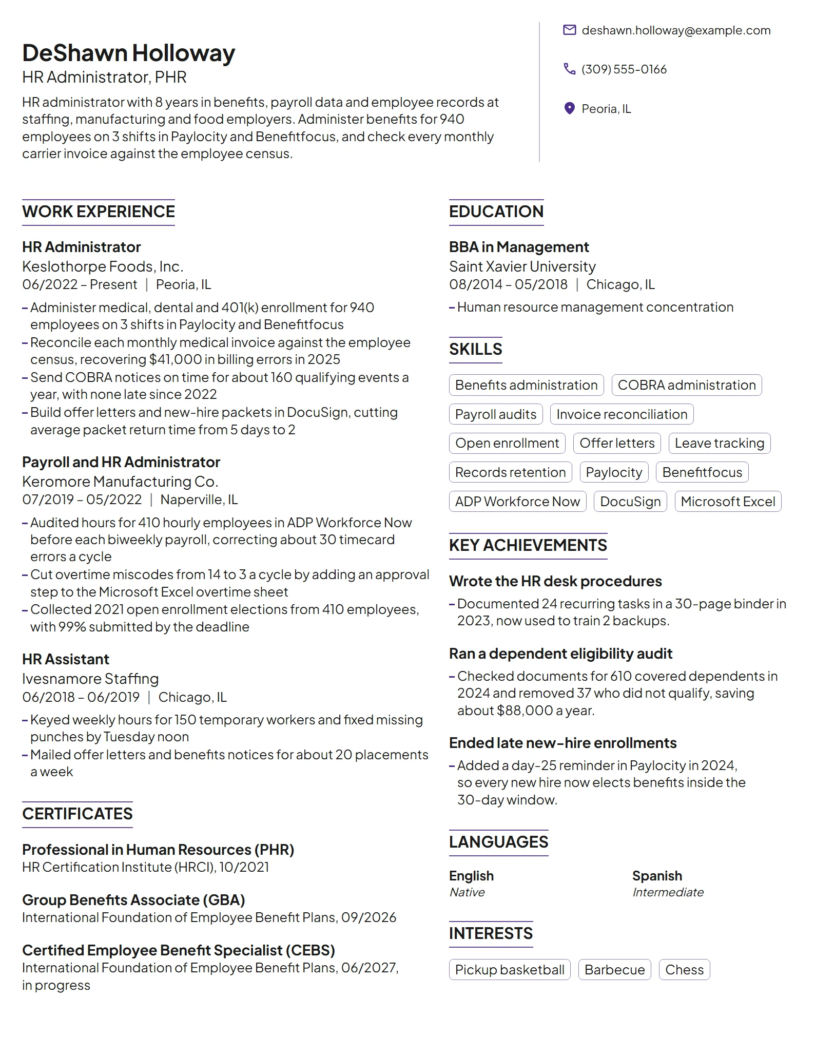 HR Administrator resume example