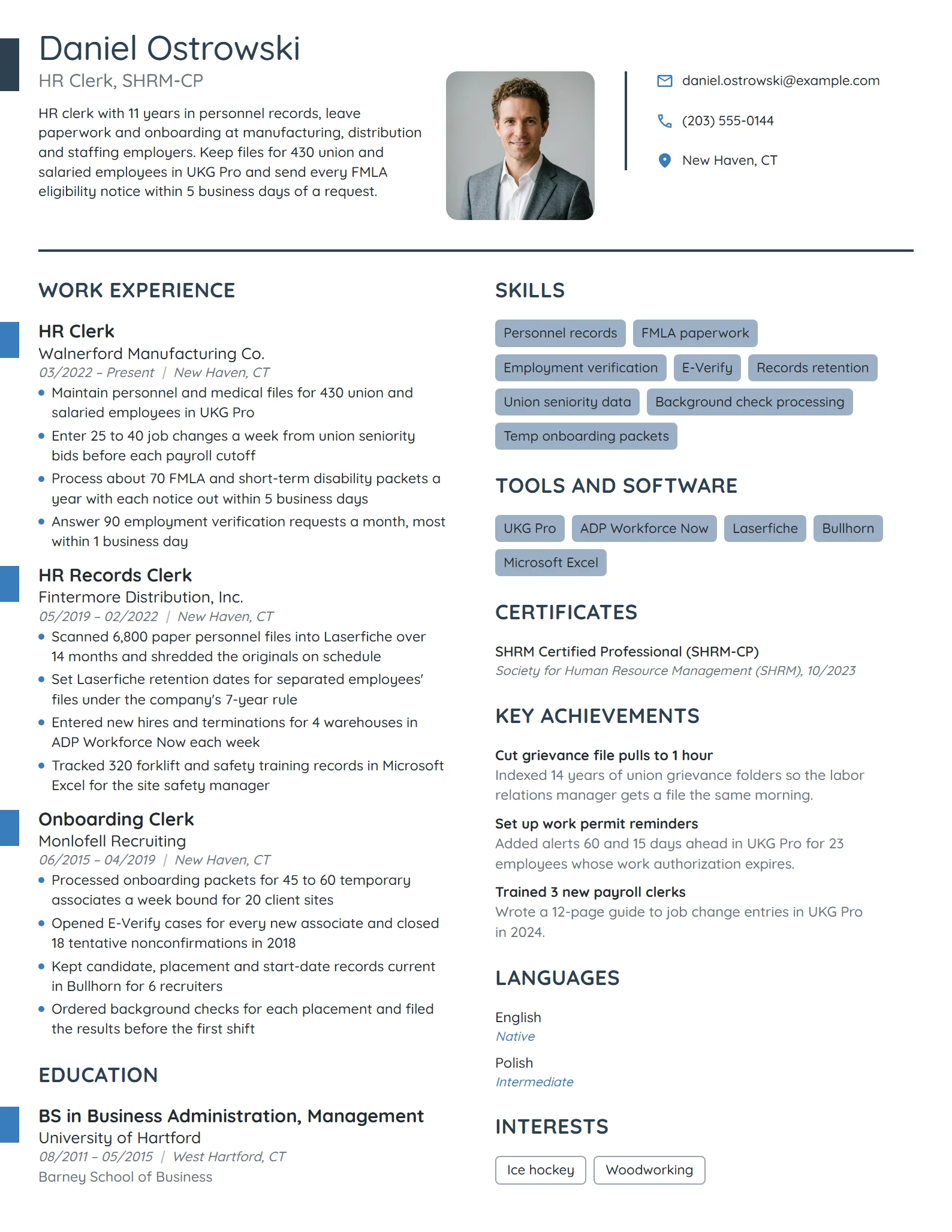 HR Clerk resume example