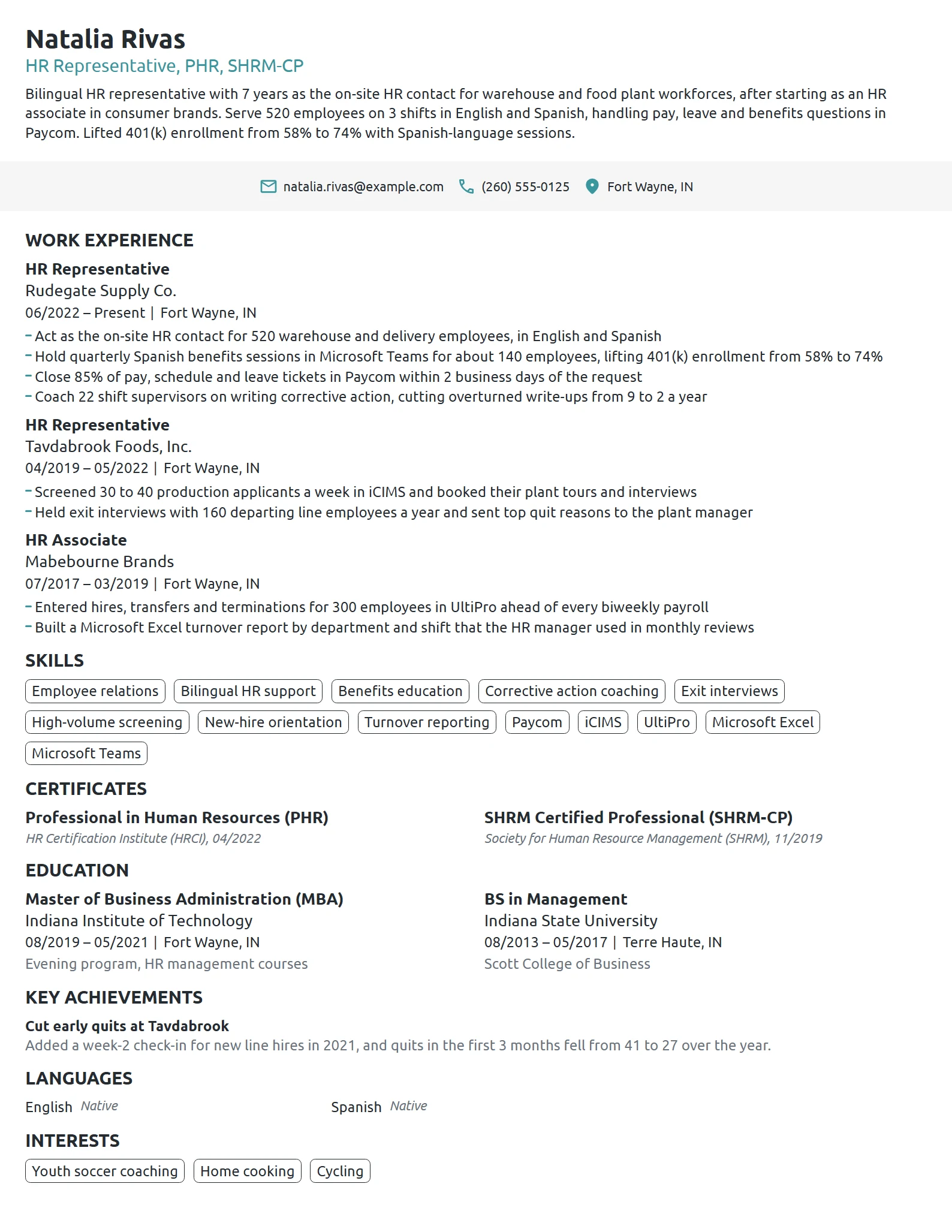 HR Representative resume example
