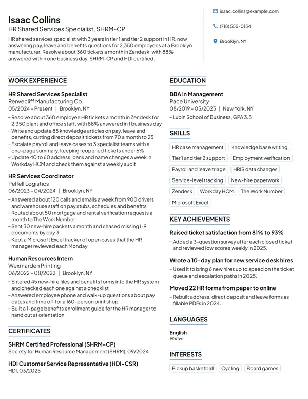 HR Shared Services Specialist resume example