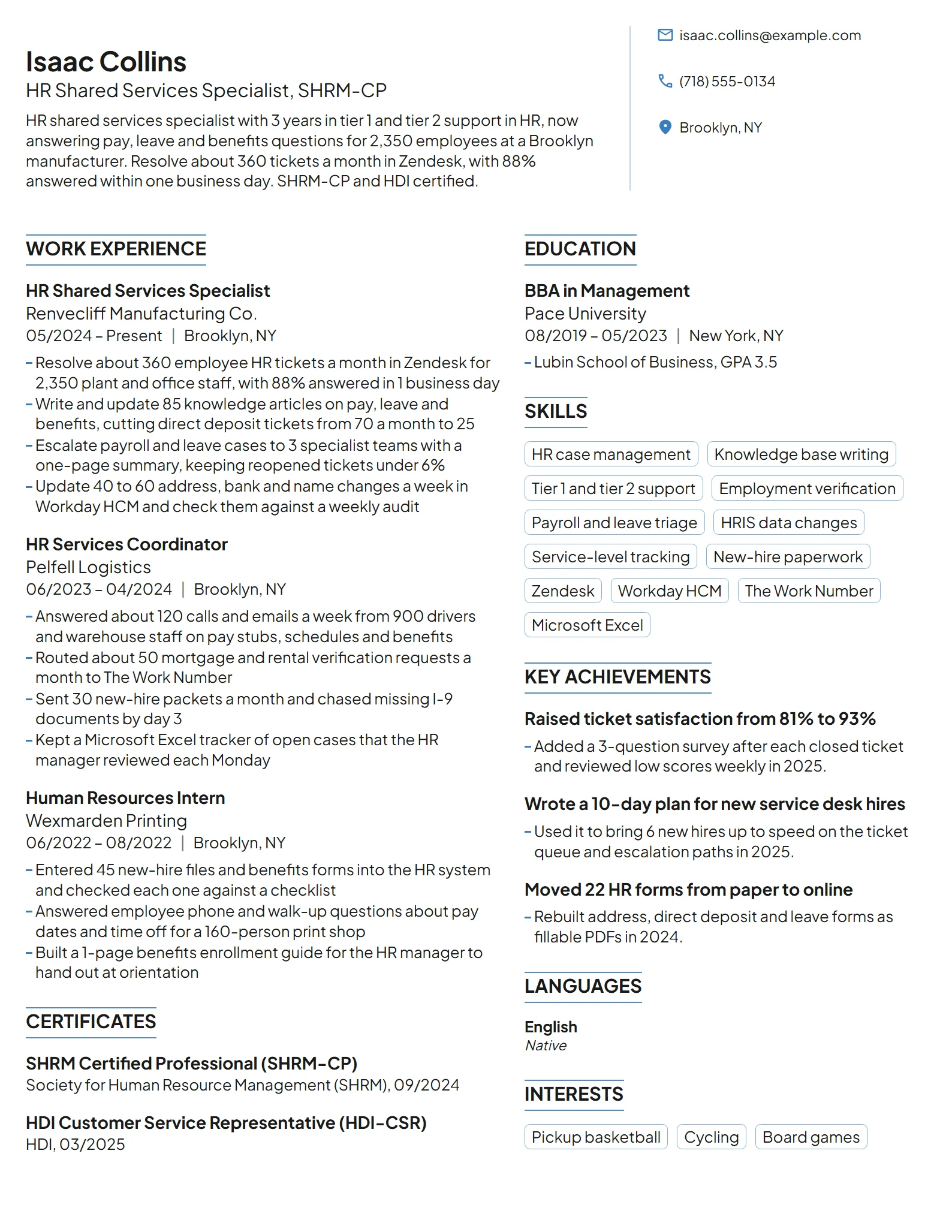 HR Shared Services Specialist resume example