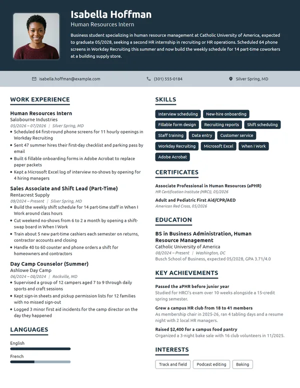Human Resources Intern resume example