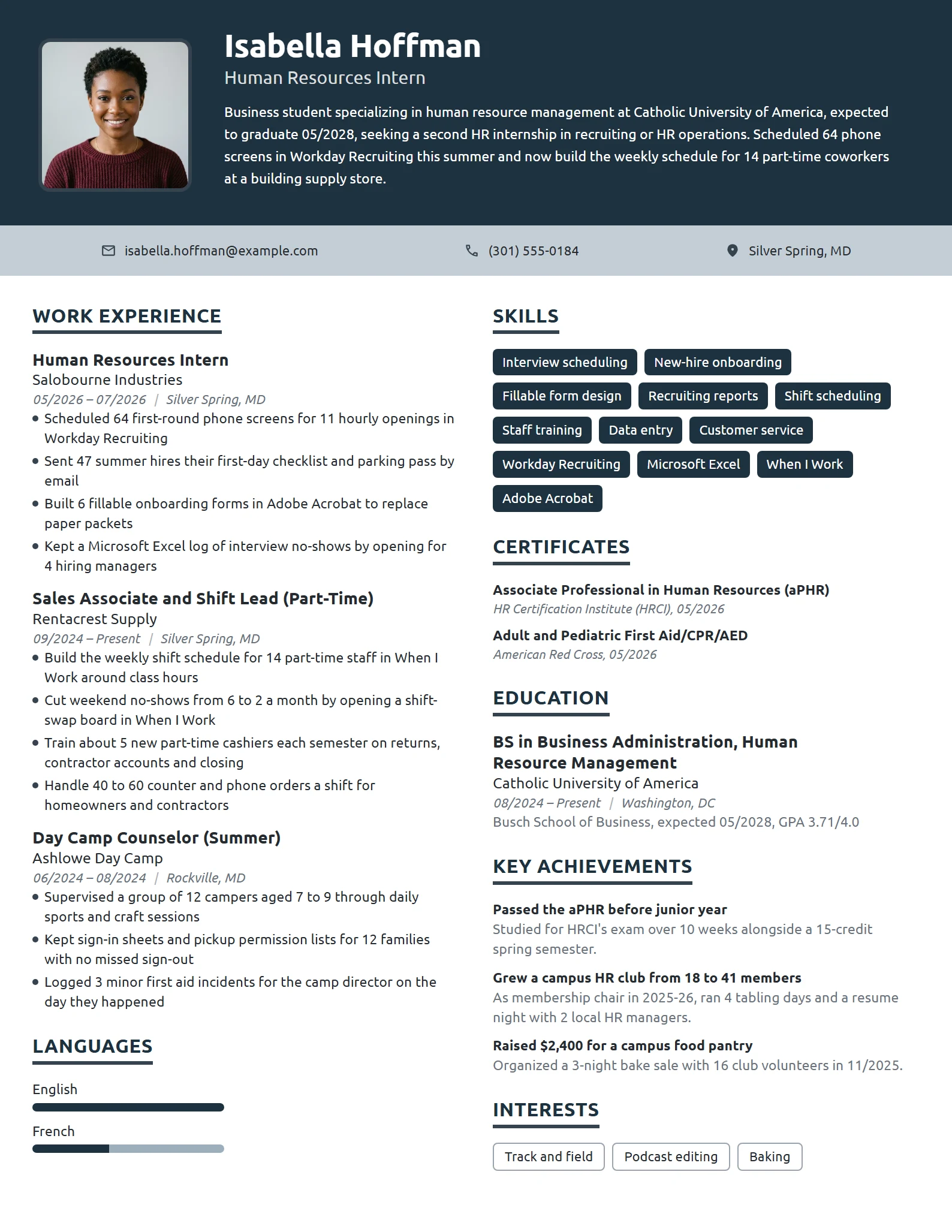 Human Resources Intern resume example