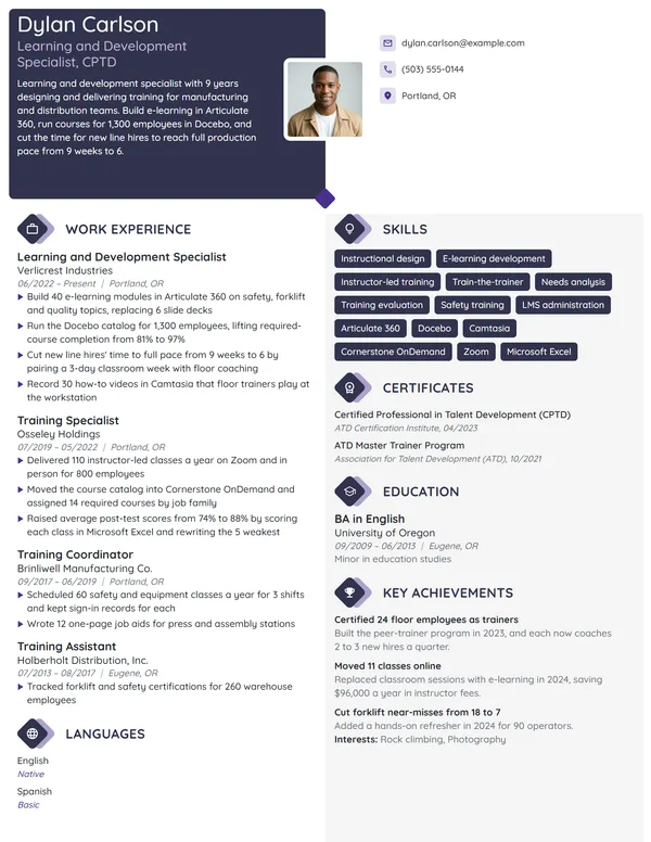Learning and Development Specialist resume example