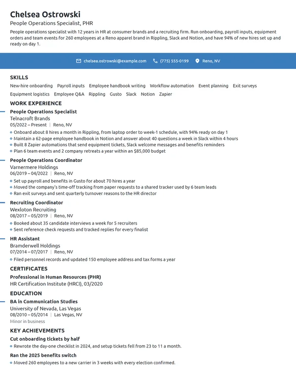 People Operations Specialist resume example