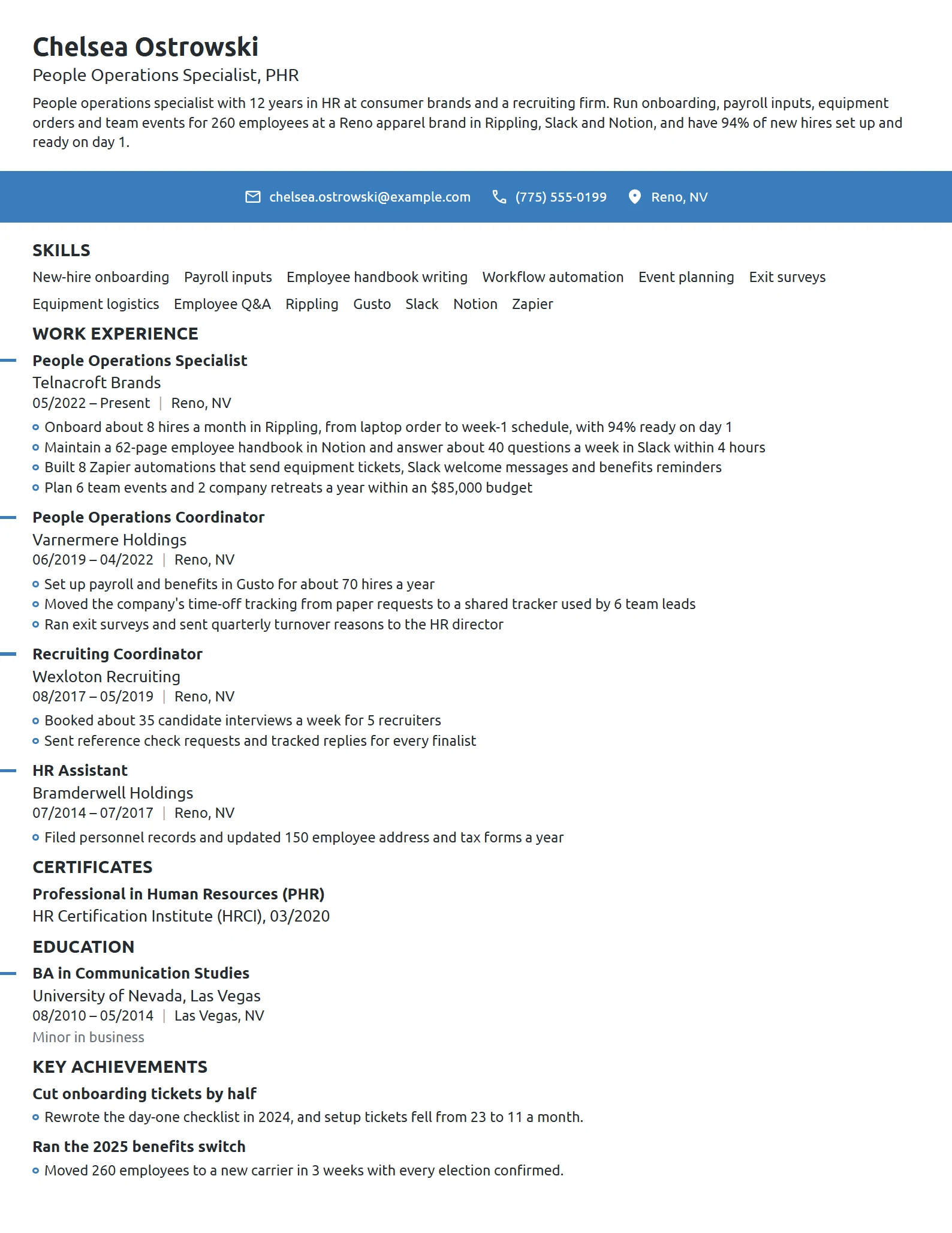 People Operations Specialist resume example