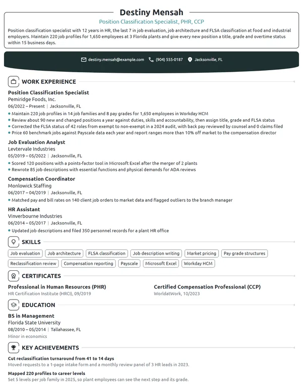 Position Classification Specialist resume example