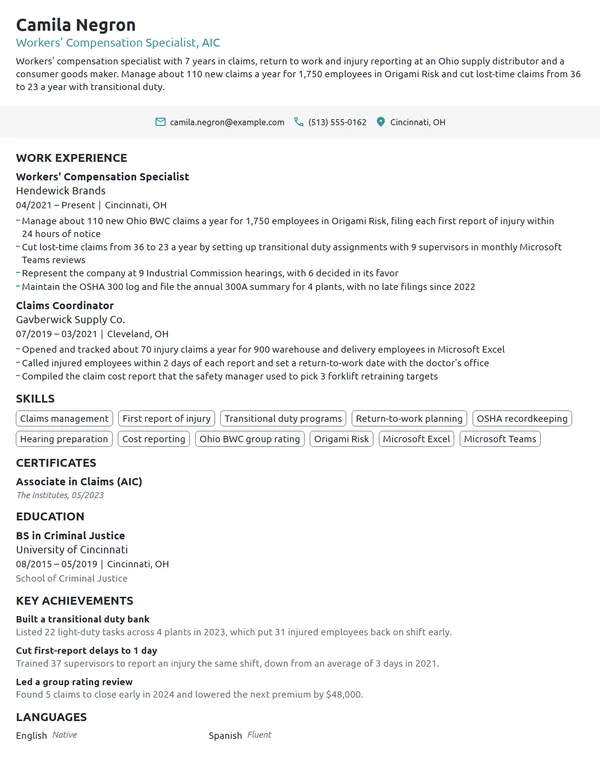 Workers' Compensation Specialist resume example