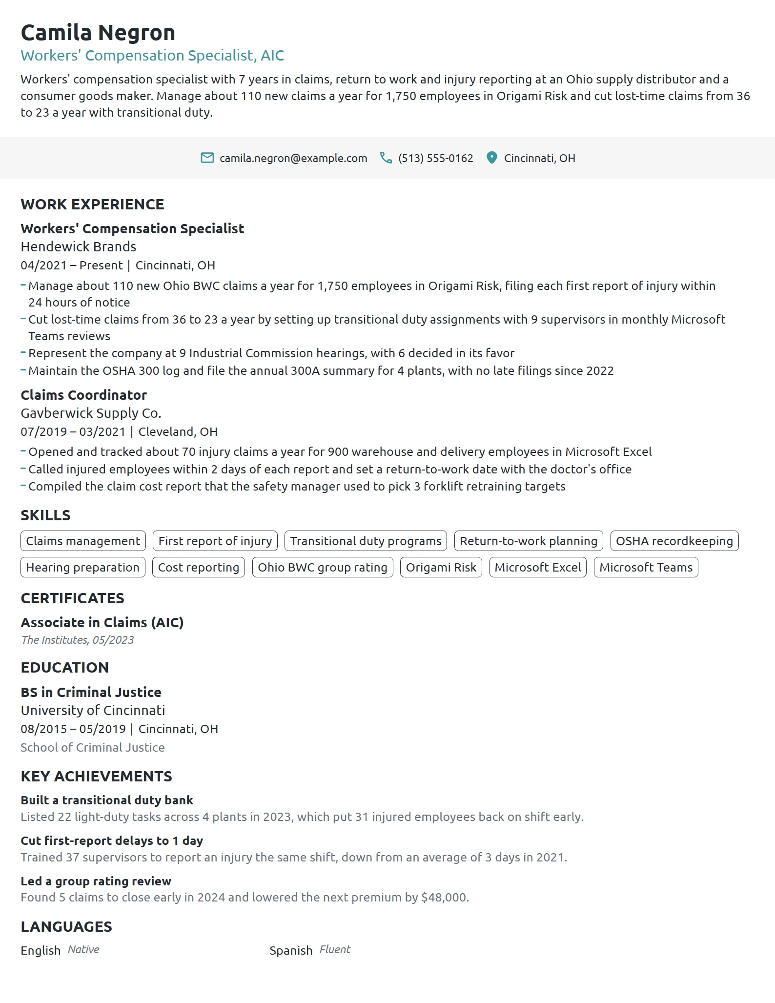 Workers' Compensation Specialist resume example