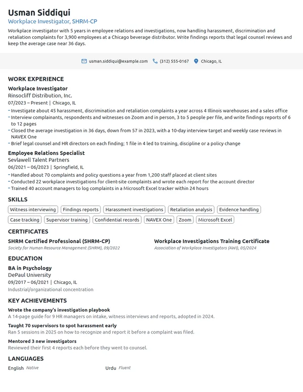 Workplace Investigator resume example