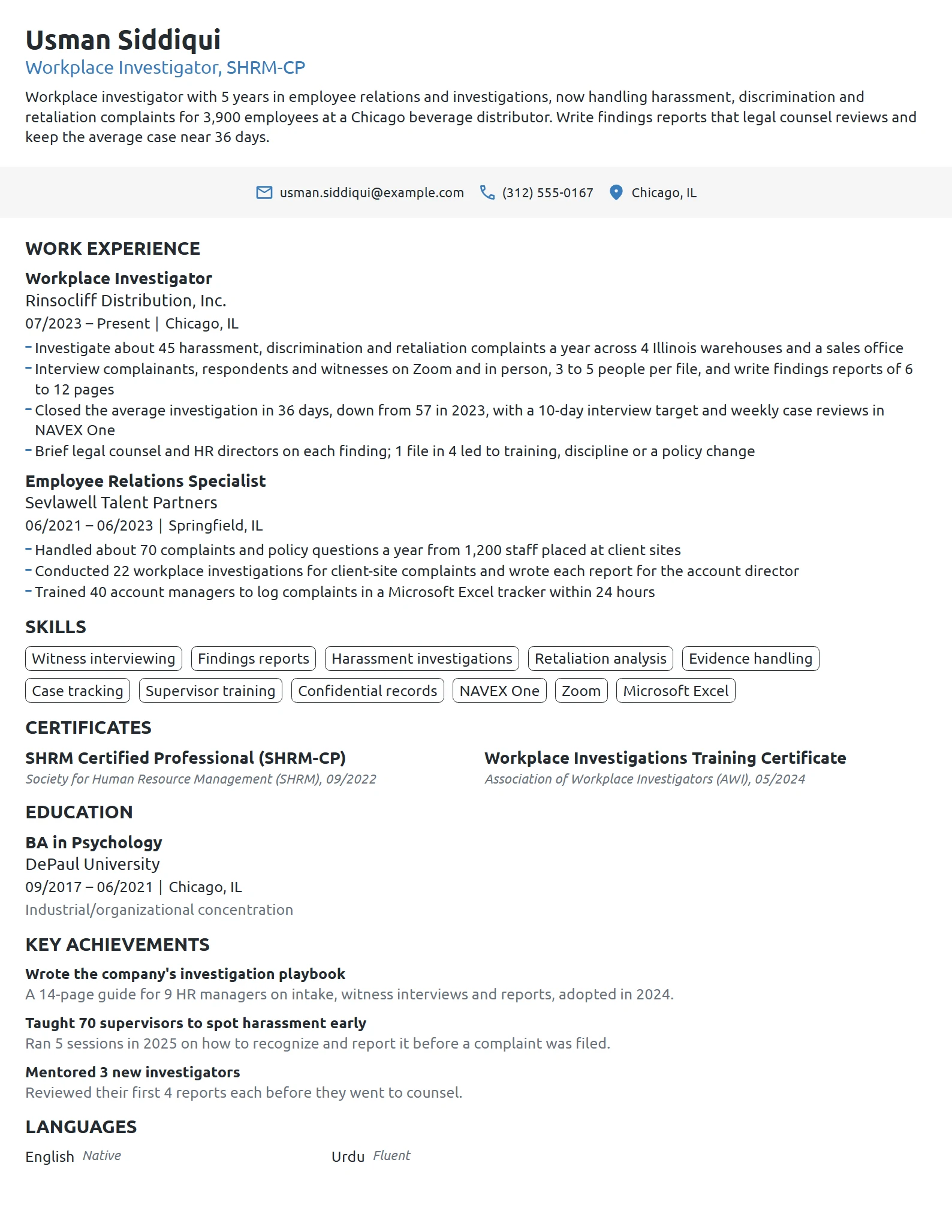 Workplace Investigator resume example