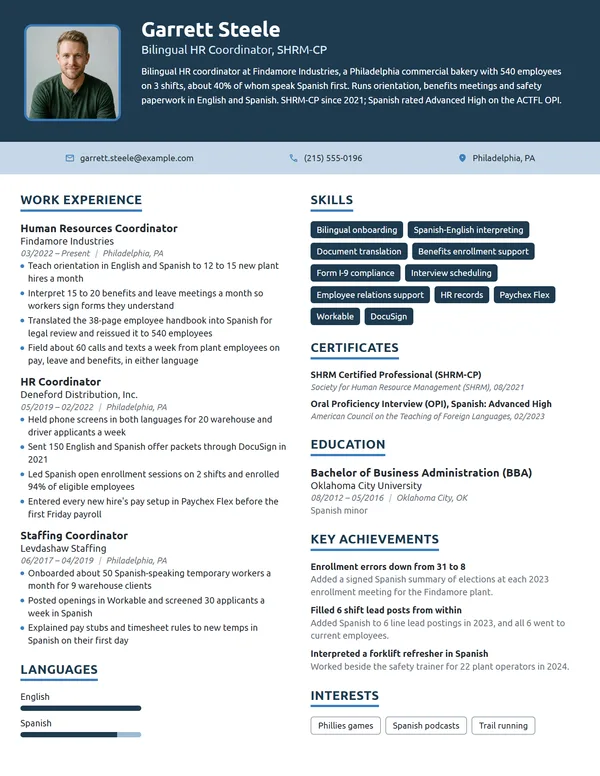 Bilingual Human Resources Coordinator resume example