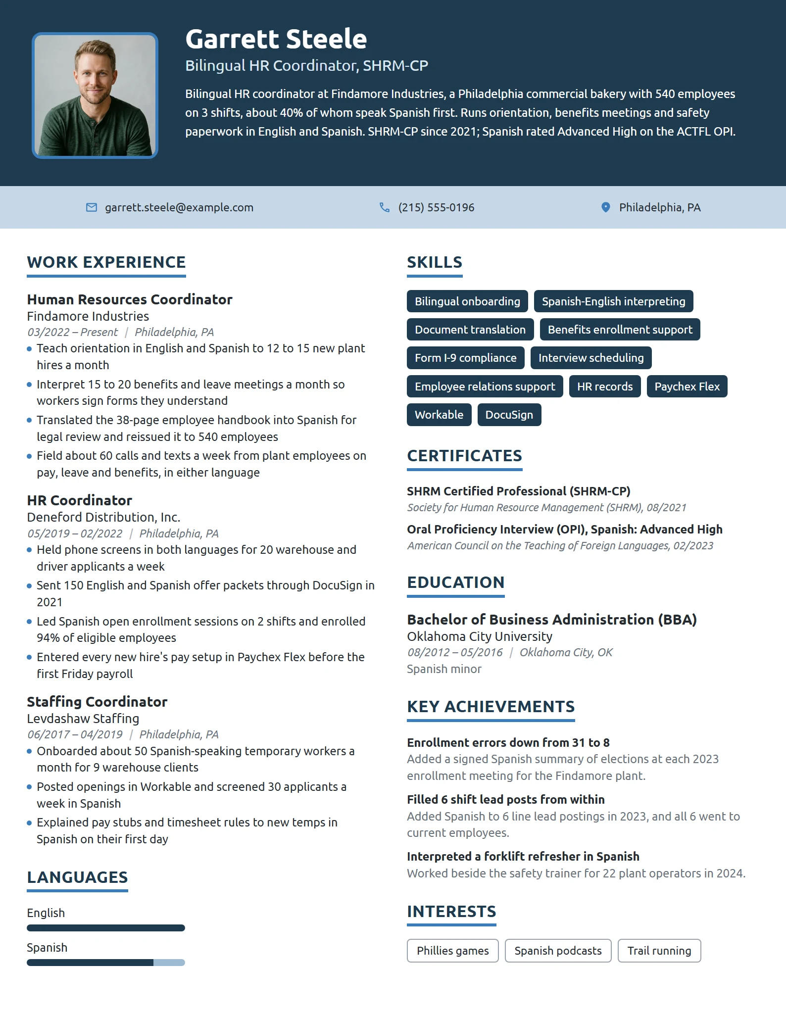 Bilingual Human Resources Coordinator resume example