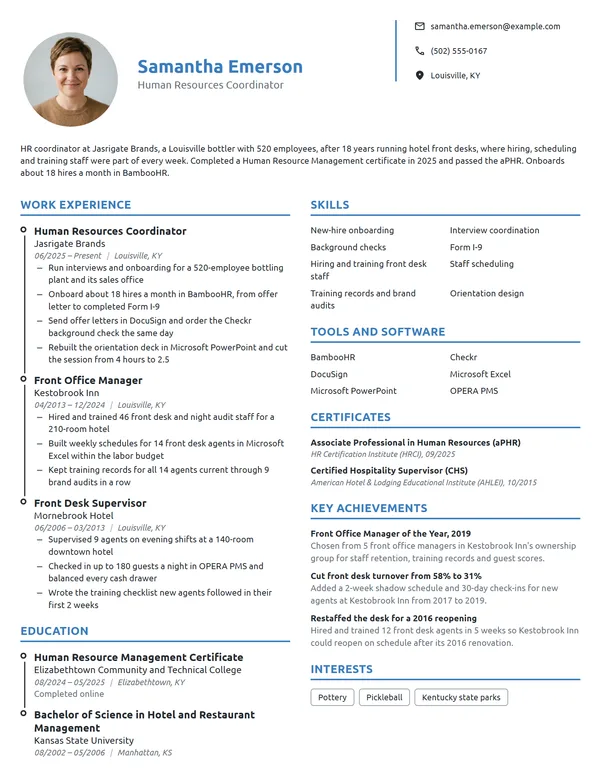 Career Change Human Resources Coordinator resume example