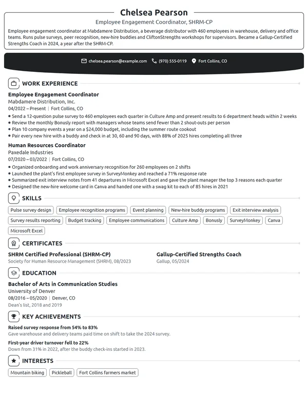 Employee Engagement Coordinator resume example