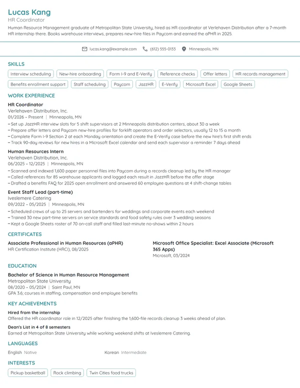 HR Coordinator with No Experience resume example