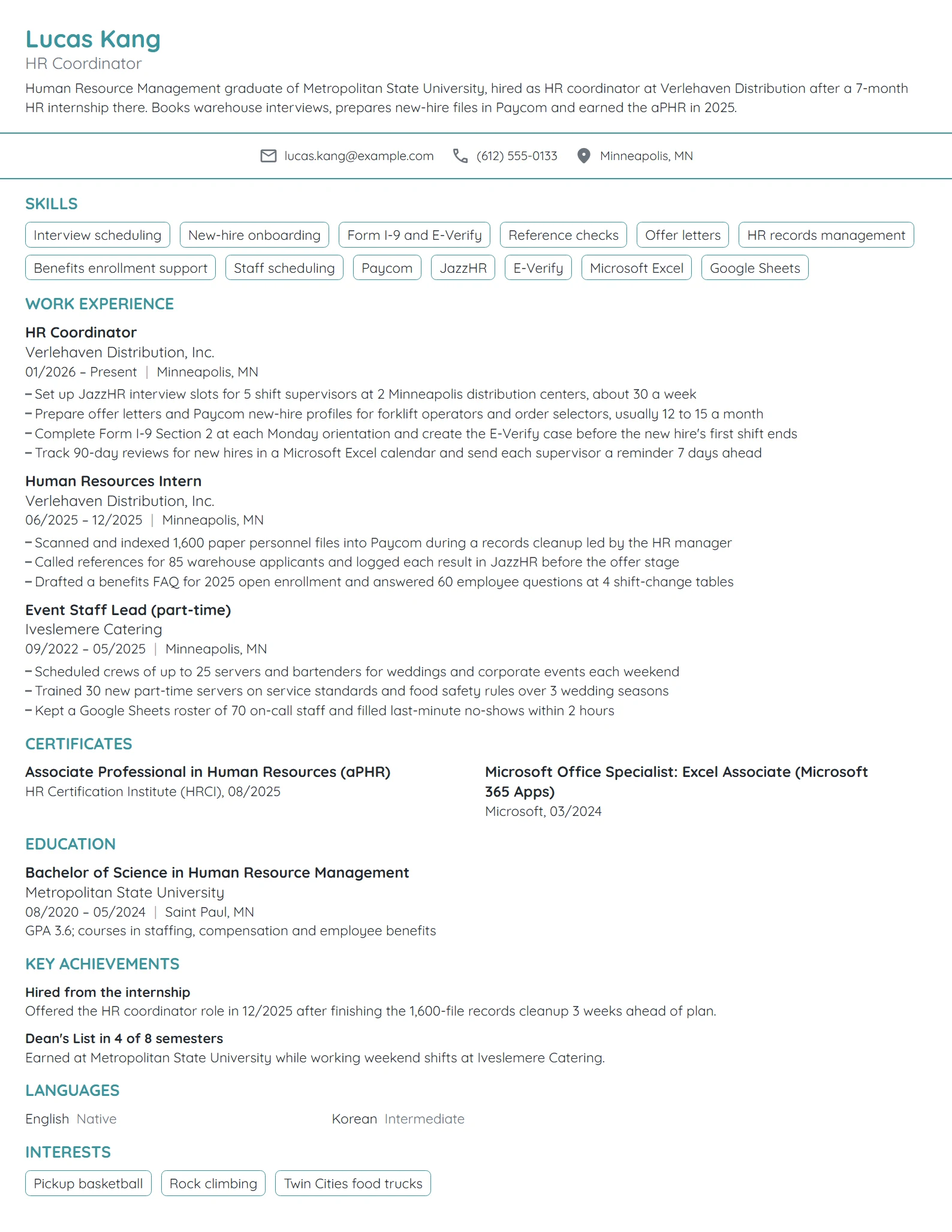 HR Coordinator with No Experience resume example