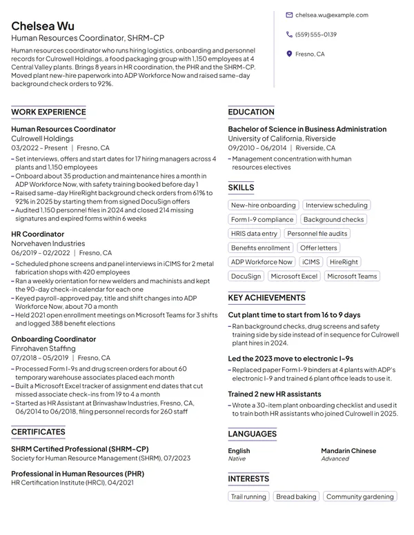 Human Resources Coordinator resume example