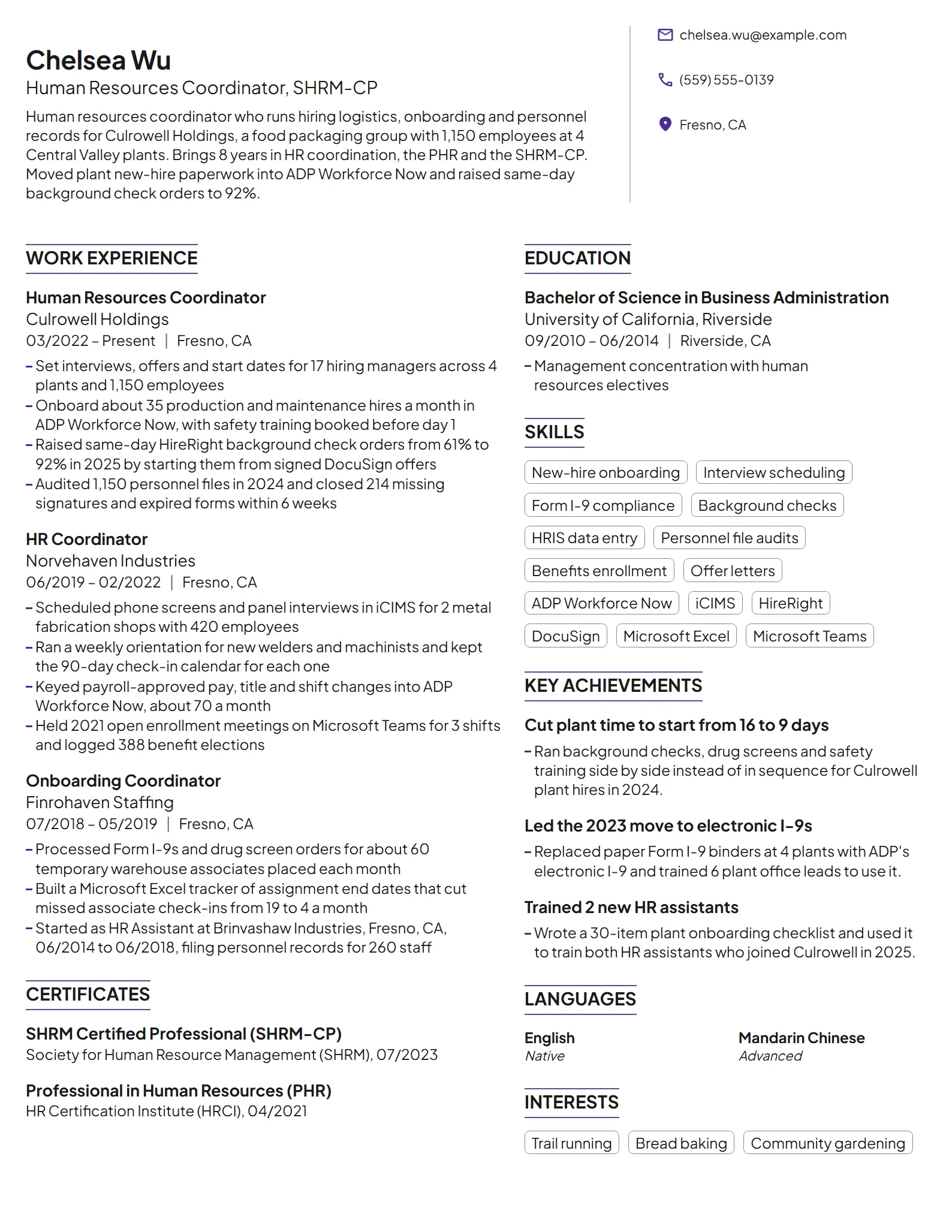 Human Resources Coordinator resume example