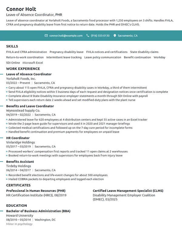 Leave of Absence Coordinator resume example