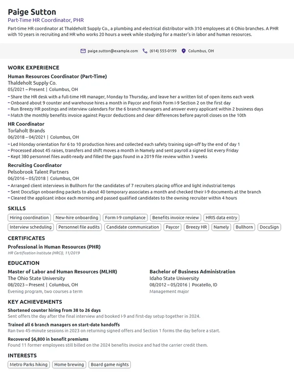 Part-Time Human Resources Coordinator resume example
