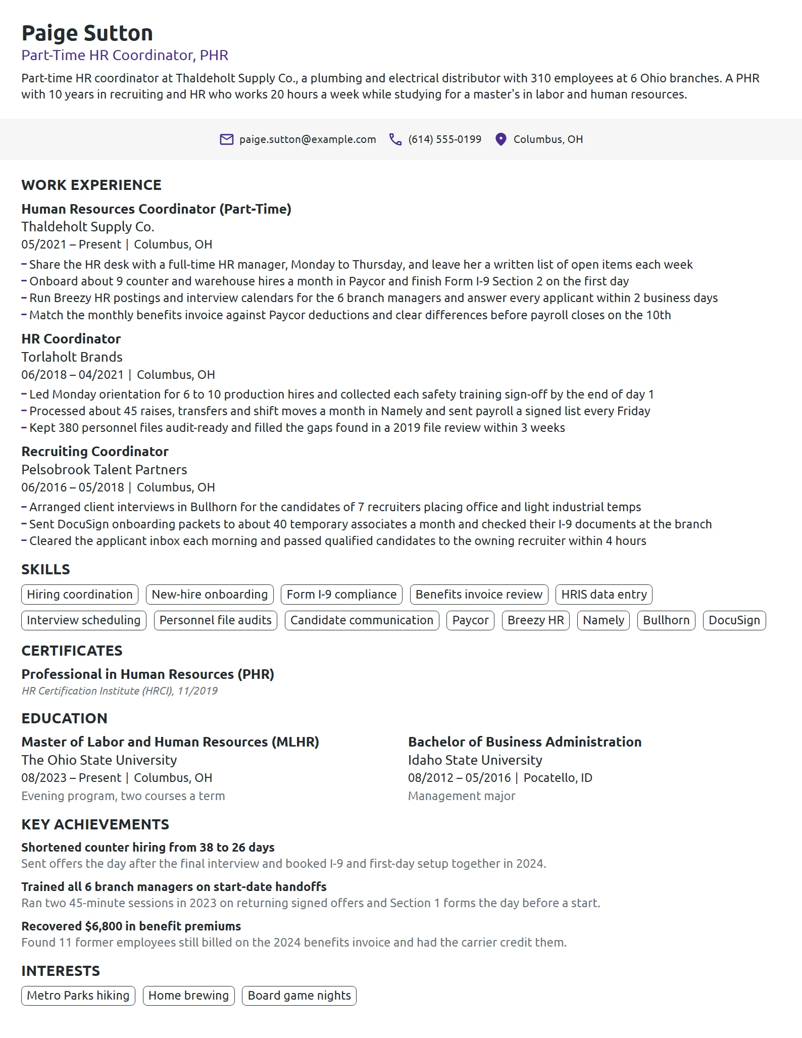 Part-Time Human Resources Coordinator resume example