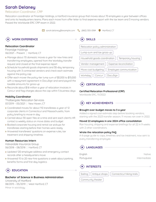 Relocation Coordinator resume example