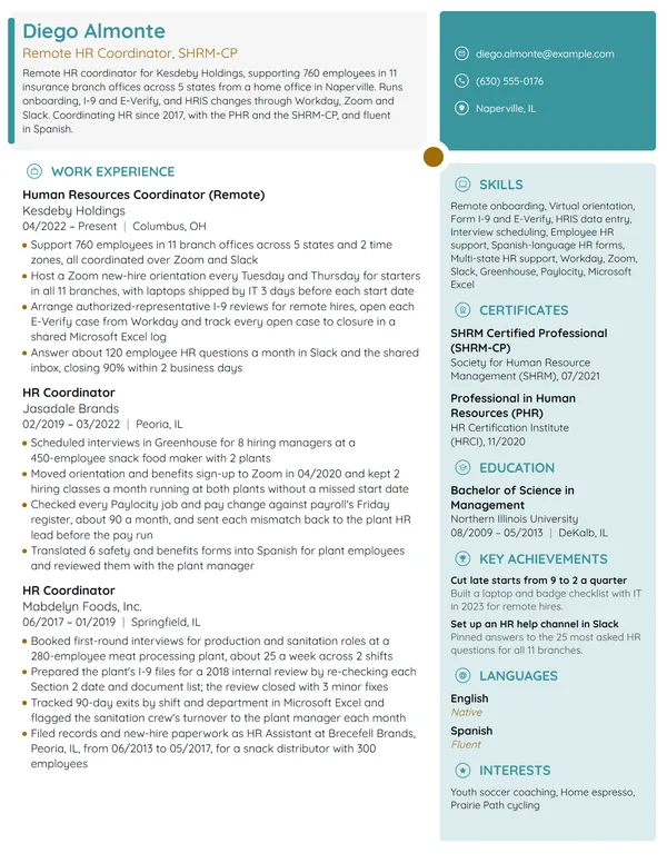 Remote Human Resources Coordinator resume example