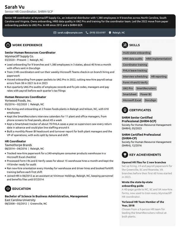 Senior Human Resources Coordinator resume example