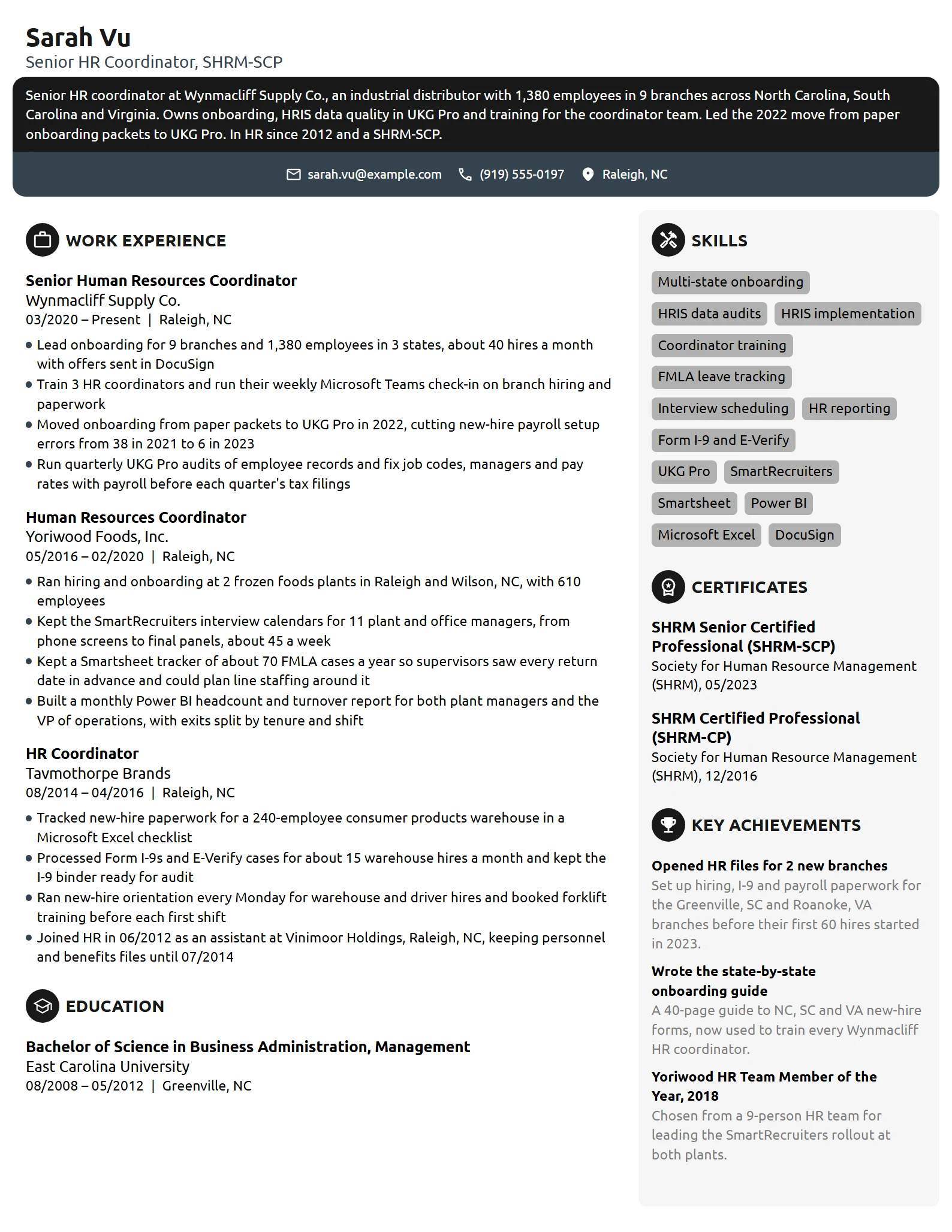 Senior Human Resources Coordinator resume example