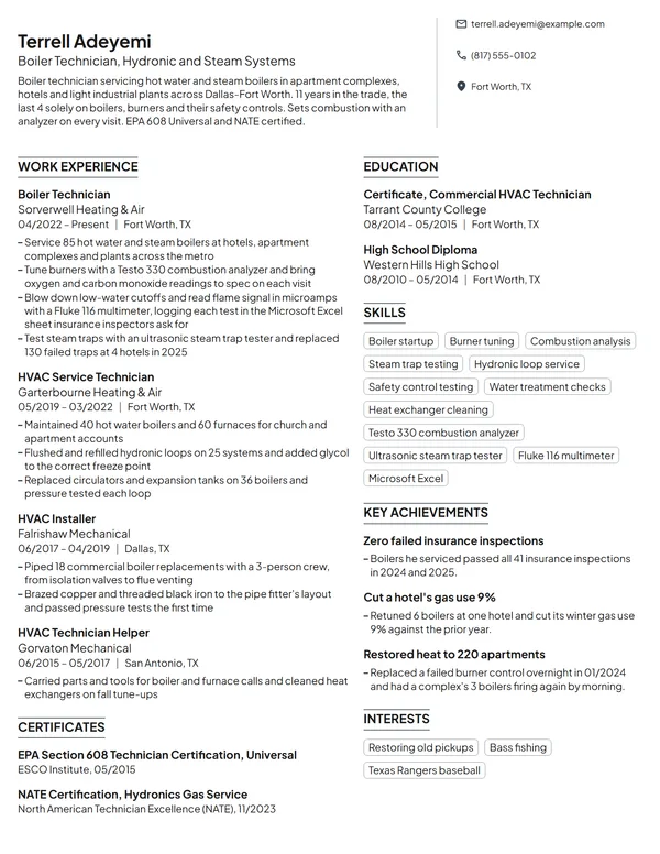Boiler Technician resume example