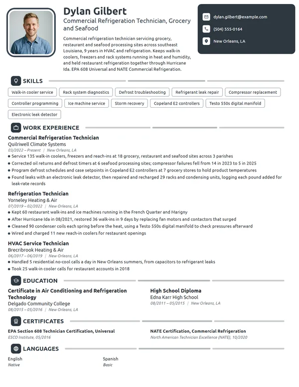 Commercial Refrigeration Technician resume example