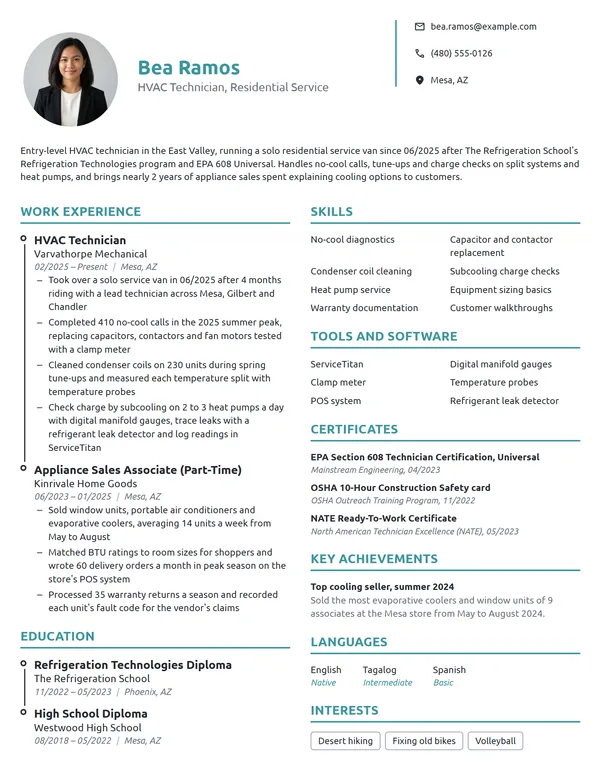 Entry-Level HVAC Technician resume example