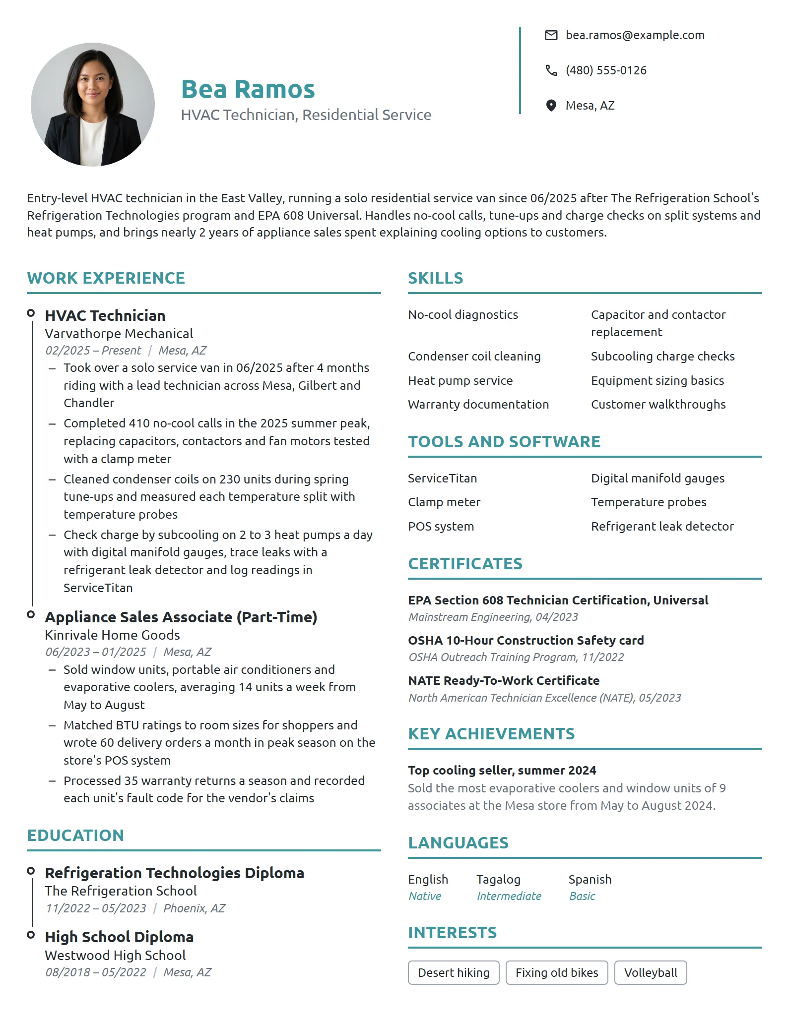 Entry-Level HVAC Technician resume example